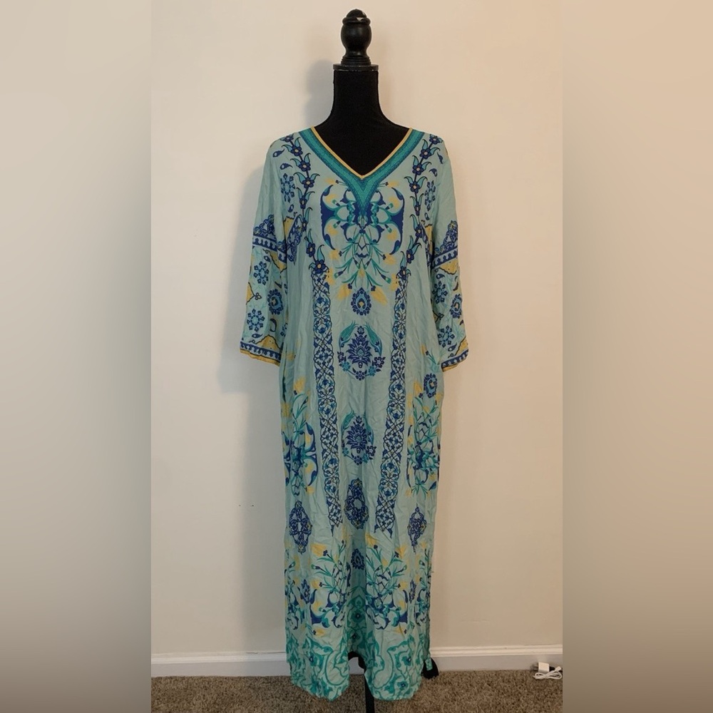 Blue and Yellow Full-Length Kaftan with POCKETS